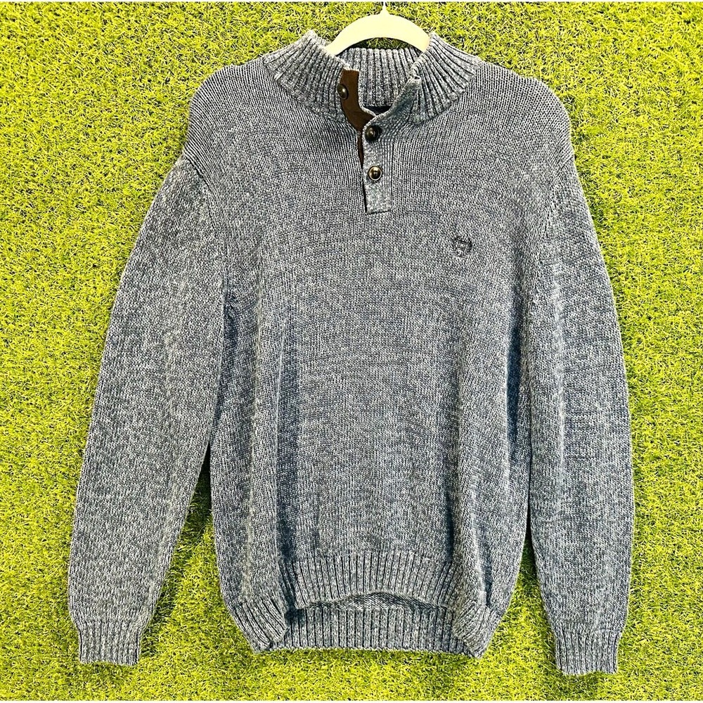 Chaps Mens M Gray Cotton Knit Mock Neck Pullover Sweater Button Elbow Patch
